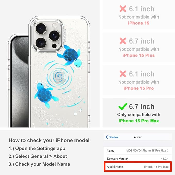 MOSNOVO Case for iPhone 15 Pro Max, [Buffertech 6.6ft Military-Grade Drop Protection] [Anti Peel Off Tech] Clear TPU Bumper Phone Case Cover Design - Space Turtle