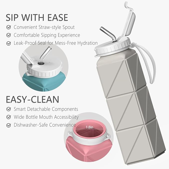 BEAUTAIL Collapsible Water Bottles with Straw 20.6oz, Silicone Foldable Portable Water Bottle, BPA-Free, Leakproof Reusable for Travel Camping Hiking Cycling Yoga Sports, 2 Pack (Black+Starlight)