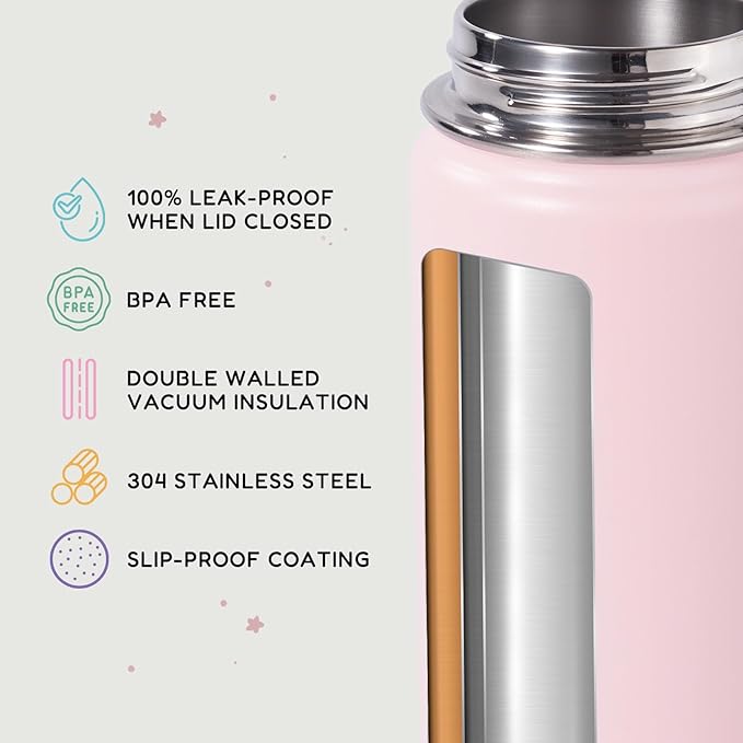 Fijinhom 12oz Water Bottle with Straws, Stainless Steel Vacuum Insulated Water Bottle Leak-Proof, BPA-Free, Purple + Pink