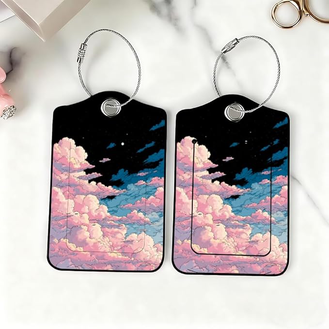 2Pcs Pink Clouds Luggage Tags for Suitcases, 2.83x4.53 Starry Sky ID Labels with Privacy Cover, Aesthetic Anime Bag Tags for Backpacks, Graduation Gift for Girls, Set of 2