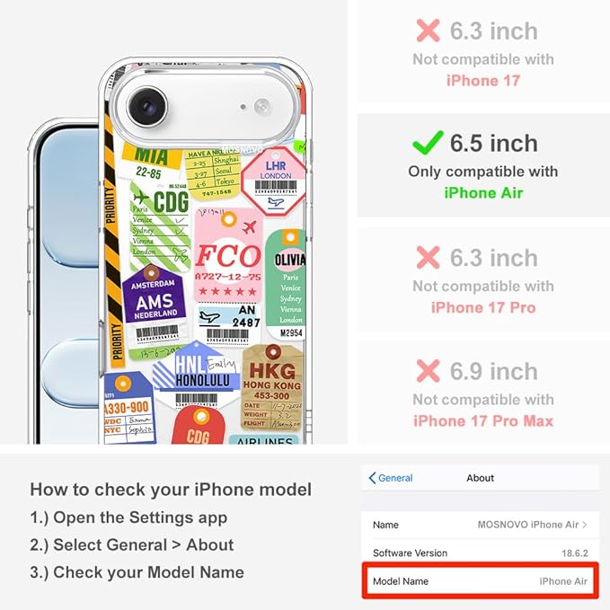 MOSNOVO for iPhone Air Case | Military Grade 6.6ft Drop Tested | Camera Control | Clear with Air Ticket Labels Design