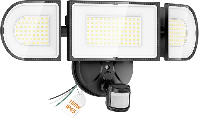 Olafus 180W Motion Sensor Outdoor Lights, 18000LM Dusk to Dawn LED Flood Lights Outdoor Wired, 6500K Daylight Motion Lights for Outside, IP65 Waterproof Exterior Security Light, Black