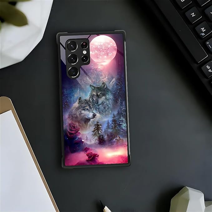 for Samsung Galaxy S23 Ultra Case, Star Two Wolfs Howling Pattern Graphic Design Girl Boy Soft Silicone Hard Acrylic Shock Protection for Samsung Galaxy S23 Ultra