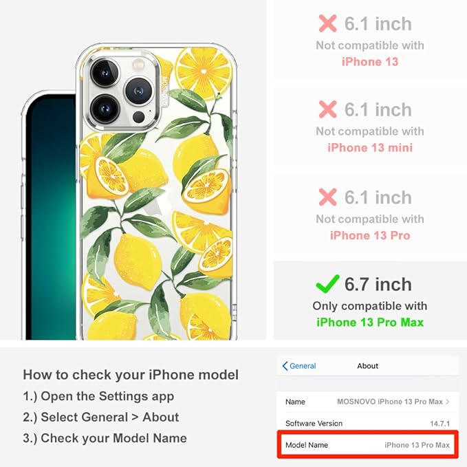 MOSNOVO Case for iPhone 13 Pro Max, [Buffertech 6.6ft Military-Grade Drop Protection] [Anti Peel Off Tech] Clear TPU Bumper Phone Case Cover Design - Lemon