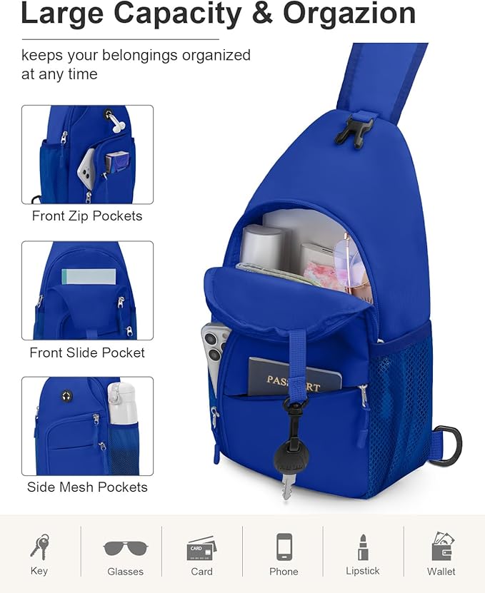 Pritent Crossbody Bags for Women Man, Waterproof Sling Bag Backpack Trendy Casual Cross Body Bags with Convertible Shoulder Strap Chest Bag for Camping Hiking Travel Essentials (Royal Blue, Medium)