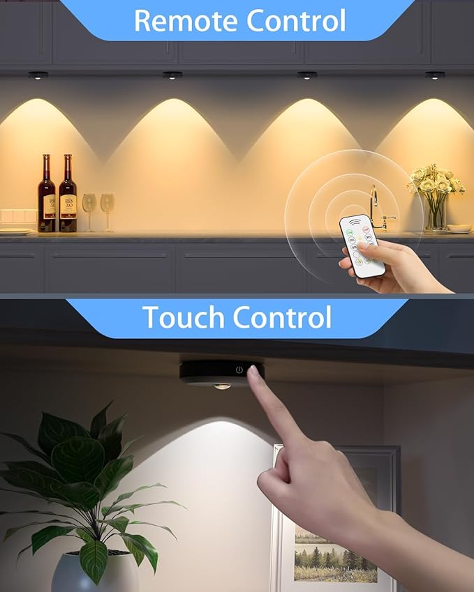 WILLED Puck Lights with Remote Control, Rechargeable Under Cabinet Lights, 1200mAh Battery Operated Tap Lights, Dimmable Push Lighting, Wireless Closet Light, LED USB Stick On Light (6 Pack)