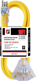 EP 10 Ft 12 Gauge Heavy Duty Extension Cord, 15A 125V 1875W, 3 Outlet Indoor/Outdoor Power Cord with Lighted End, 12/3 SJTW Weatherproof Yellow