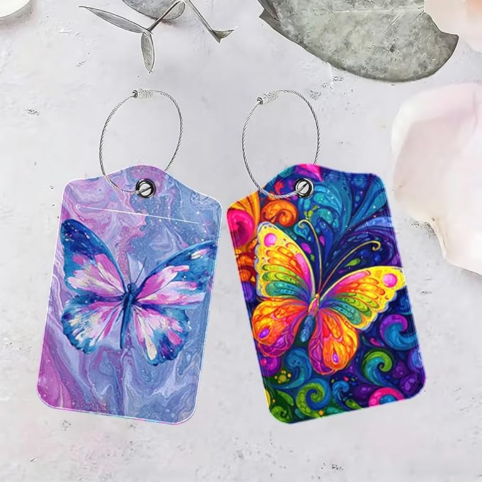 2 Pack Butterfly Luggage Tags for Suitcases, Colorful Artistic Travel ID Tags with Privacy Cover, PU Leather Bag Identifiers, Spring & Summer Vacation Essentials, Mother's Day, 2 Styles
