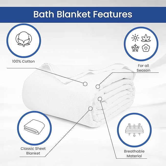 Linteum Textile 100% Cotton Hospital Patient Bath Blanket, Bed Bath Sheet, Twin Blanket Lightweight Sheet Blankets 70x90 in, 1.75 lb. White - 2 Pack