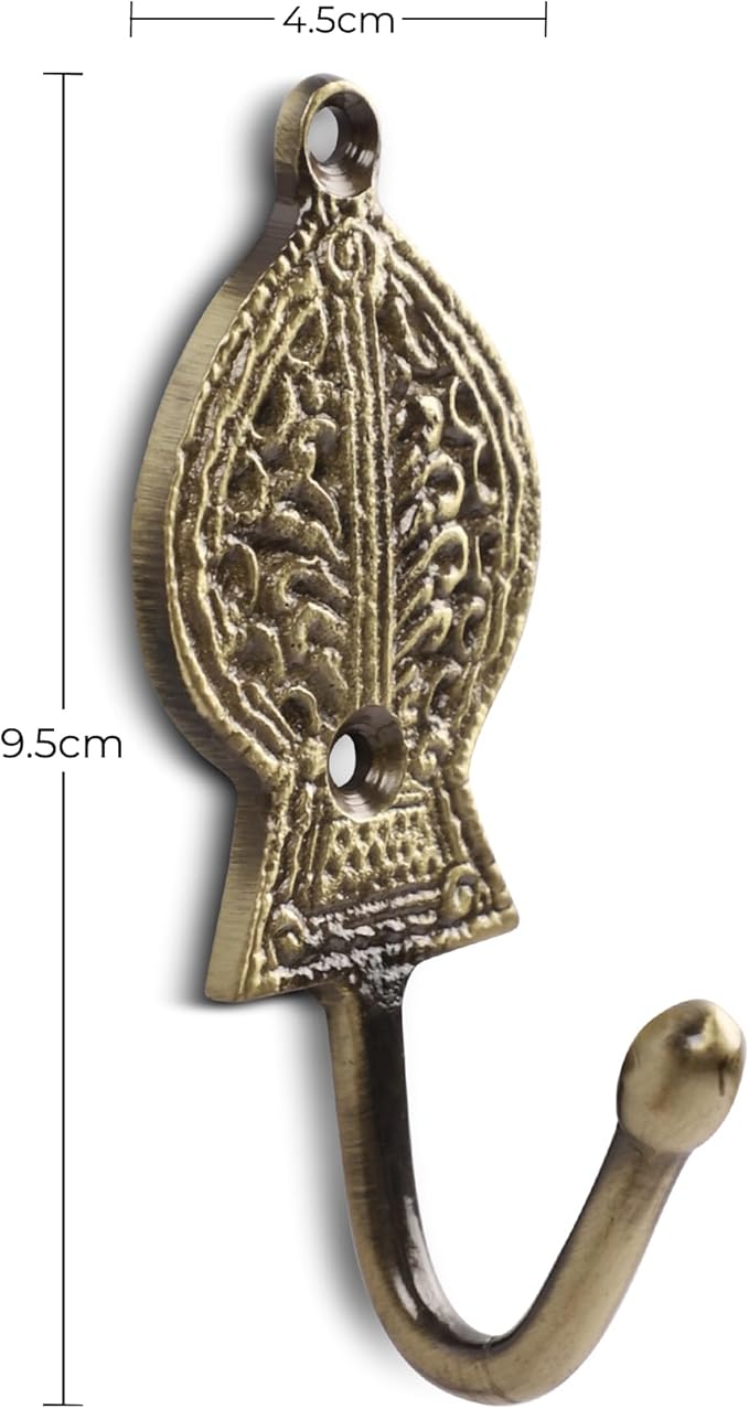 FAPBADRI Multipurpose Hooks, Used to Hang Clothes, Bags, Coats, Curtain Hold Backs, Keys, Colour - Antique Gold, Material - Brass, Retro Design, Screws and Wallplugs Included, Pack of 2 Pieces
