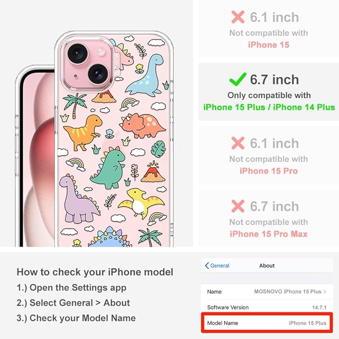 MOSNOVO Case for iPhone 15 Plus/iPhone 14 Plus, [Buffertech 6.6ft Military-Grade Drop Protection] [Anti Peel Off Tech] Clear TPU Bumper Phone Case Cover Design - Dinosaur Land