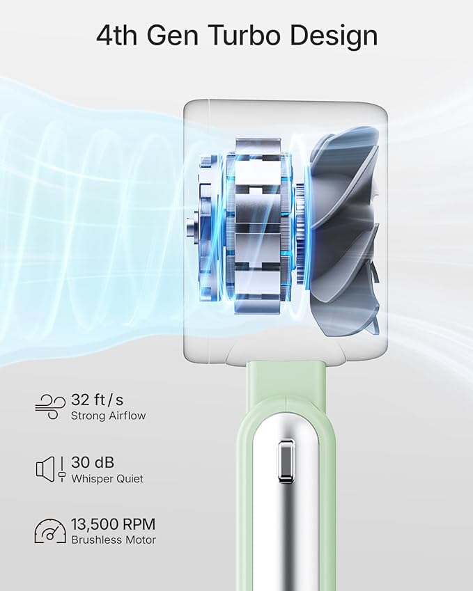 Portable Handheld Turbo Fan - 5 Gear High Speed 4000mAh Rechargeable Mini Personal Hand Fan Blow Cold Air, Battery Operated Travel Essentials, Beach Vacation, Gifts for Women, Men (Green)