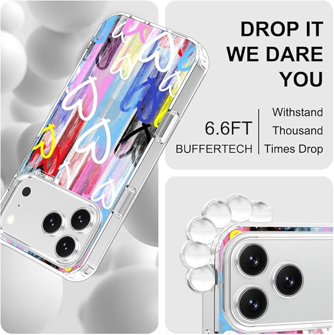 MOSNOVO for iPhone 17 Pro Max Case, Shockproof Military-Grade Protection 6.6ft Drop Tested, Camera Control, Clear Phone Case for iPhone 17 Pro Max, Graffiti Hearts Design