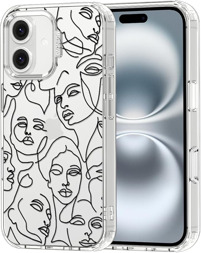 MOSNOVO Case for iPhone 16, [Buffertech 6.6ft Military-Grade Drop Protection] [Anti Peel Off Tech] Clear TPU Bumper Phone Case Cover Design - Abstract Face Line Art