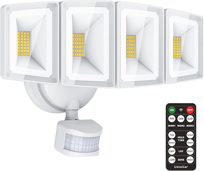USTELLAR 100W 10000LM LED Security Lights Motion Sensor Outdoor, Remote Control 4 Heads LED Flood Light Outdoor, 5000K Daylight, IP65 Waterproof, Bright Motion Detected Lights for Outside Yard