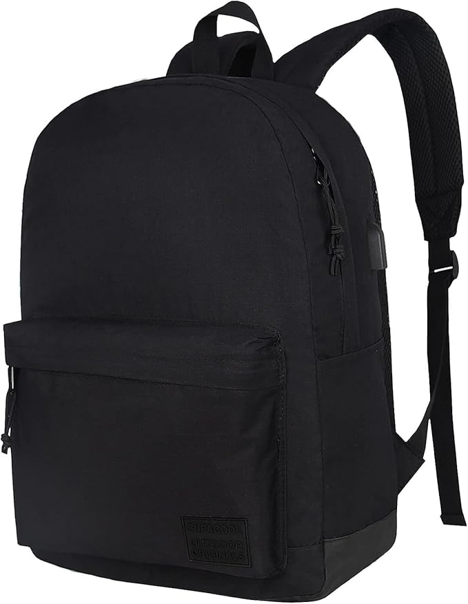 SUPACOOL Casual Laptop Backpack for Men and Women, Work backpack, Black Backpacks, College School Backpack for Boys and Girls, USB Charging Port, Lightweight Travel Back Pack(Black)