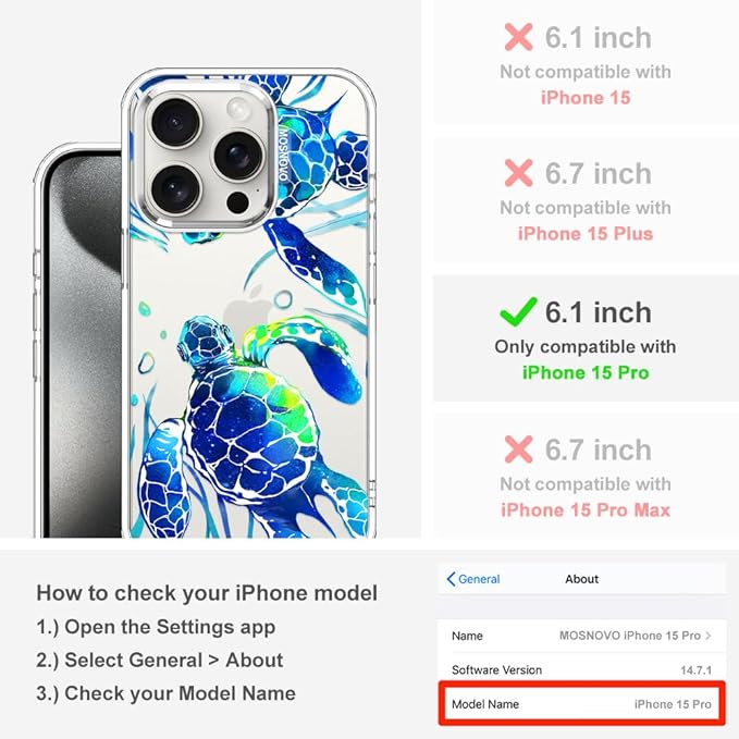 MOSNOVO Case for iPhone 15 Pro, [Buffertech 6.6ft Military-Grade Drop Protection] [Anti Peel Off Tech] Clear TPU Bumper Phone Case Cover Design - Sea Turtles