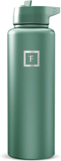 IRON °FLASK Camping & Hiking Hydration Flask with Straw, Wide Mouth Insulated Stainless Steel Sports Water Bottle - Sage 40 oz - Straw (1 Lid)