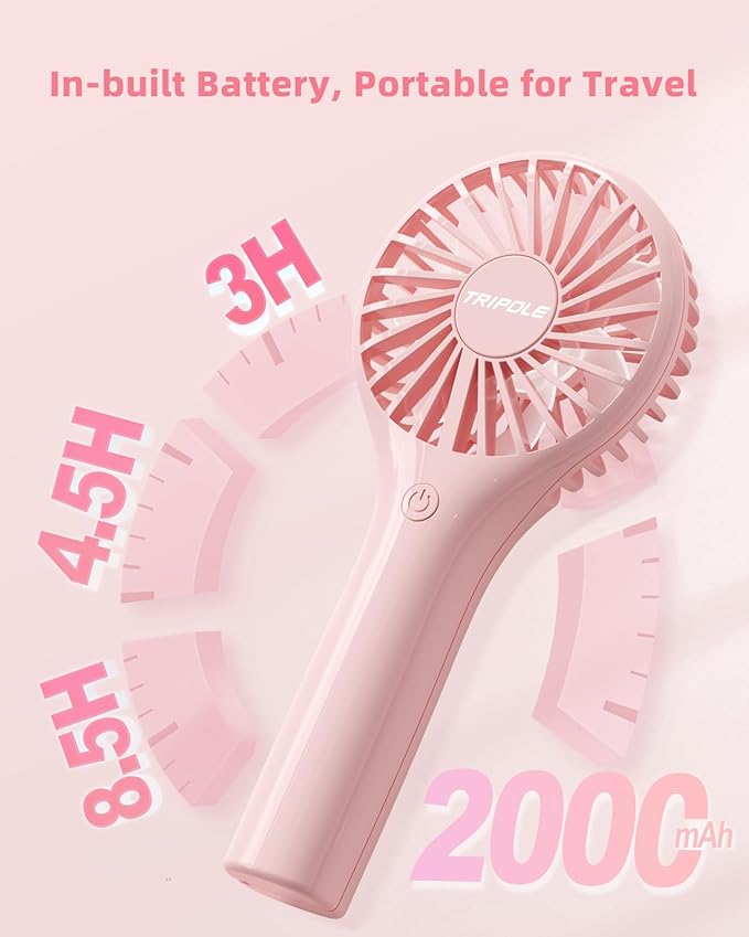 TriPole Portable Handheld Fan Mini Personal Fan 3 Speeds, Powerful Little Battery Hand Held Fans for Travel Trip Outdoor Concerts, Cute Small Rechargeable Lash Fans for Makeup Skincare Drying, Pink