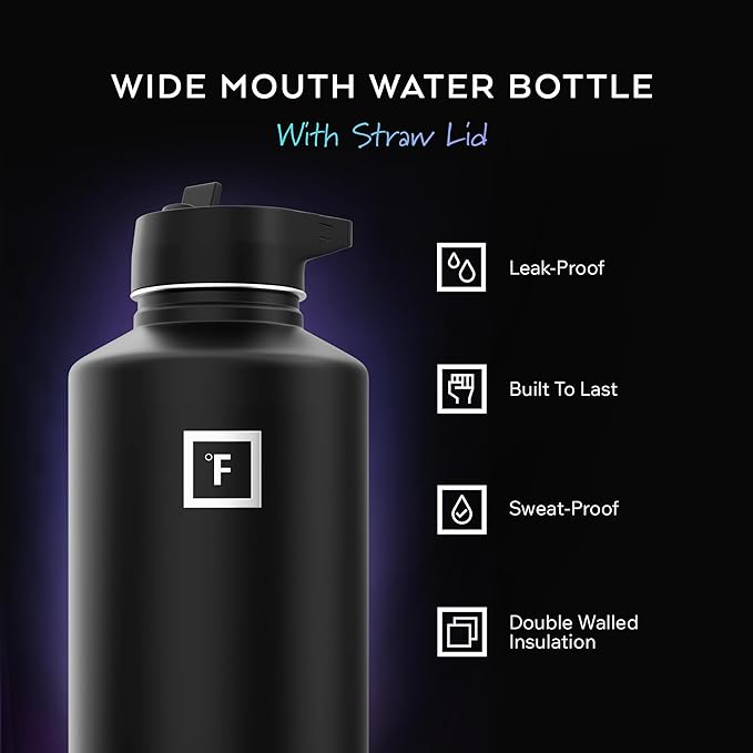 IRON °FLASK Camping & Hiking Hydration Flask with Straw, Wide Mouth Insulated Stainless Steel Sports Water Bottle - Dream Sunset 64 oz - Straw (1 Lid)