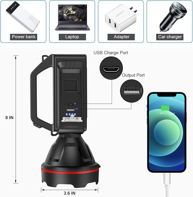 Rechargeable Spotlight Flashlight, High Lumens Handheld Spotlight,LED Searchlight with Shoulder Strap and USB Output for During Hurricane,Emergency, Storms,Hunting , Hiking, Camping(Black Pack of 2)