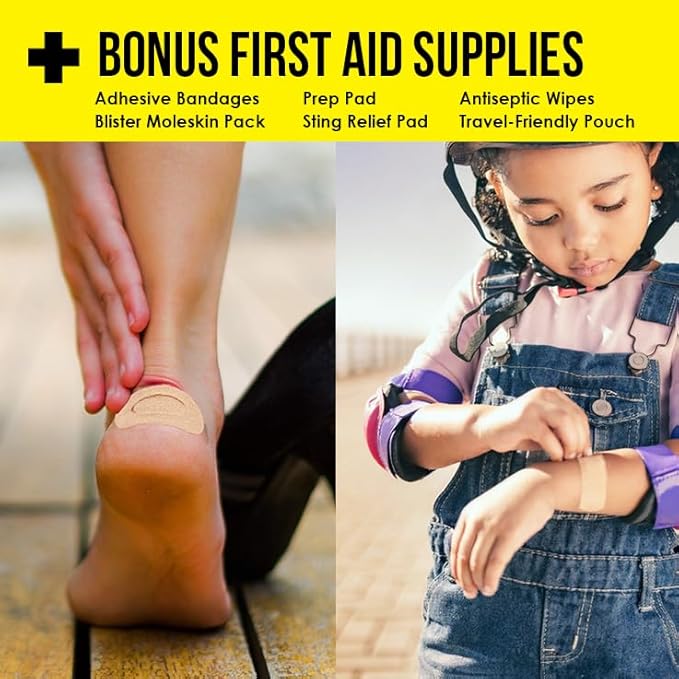 EVERLIT CARE Travel Essential Medicine First Aid Kit I Bonus Medical Supplies I TSA Compliant Mini Size Medkit for Traveling Camping Trips Individually Packed 64 Tablets (Orange)