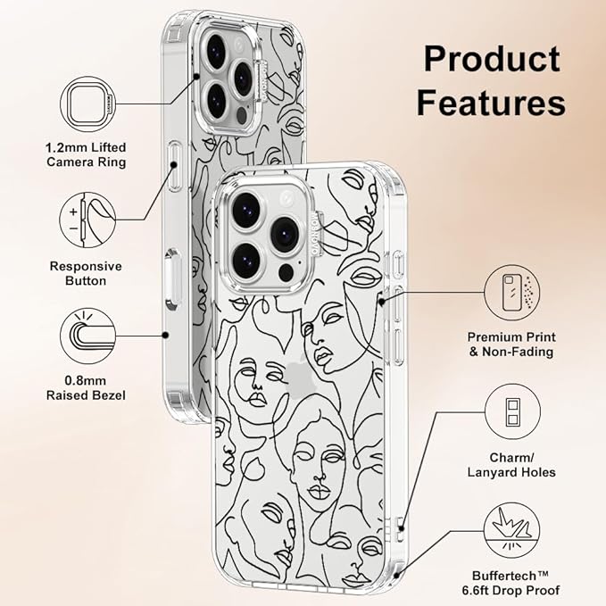 MOSNOVO Case for iPhone 16 Pro, [Buffertech 6.6ft Military-Grade Drop Protection] [Anti Peel Off Tech] Clear TPU Bumper Phone Case Cover Design - Abstract Face Line Art