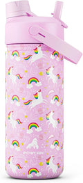 18 oz Kids Water Bottle for Girls: BPA-Free, Leakproof, Easy Carry, Durable Straw Spout Lid, 24H Cold, Cute Patterns, Insulated Stainless Steel Cup for School, Travel, Camping, Daily (Rainbow Unicorn)