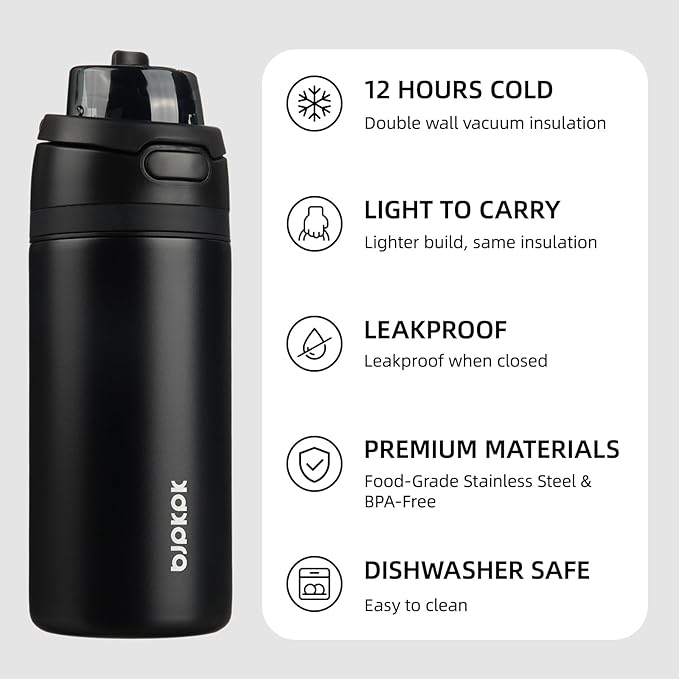 BJPKPK 17oz Insulated Water Bottle with 2-1 Straw Spout Lid, Stainless Steel Metal Water Bottles with Carry Handle, BPA Free, Leak-Proof, Fits in Car Cup Holder, Thermo for Sports,Black