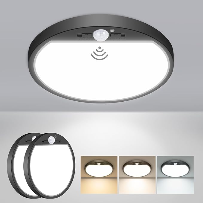 slochi 2Pack Motion Sensor Light Indoor Wired PIR, 3000K/4000K/6500K Closet Lights Motion Sensored, 15W 1500LM 7 in, Timer, Motion Activated Flush Mount Ceiling Light for Hallway Wall Pantry, Black