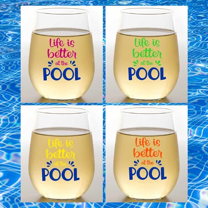 Set of 4 Shatterproof Designer 16 oz Plastic Wine Glasses MADE in the USA (POOL)