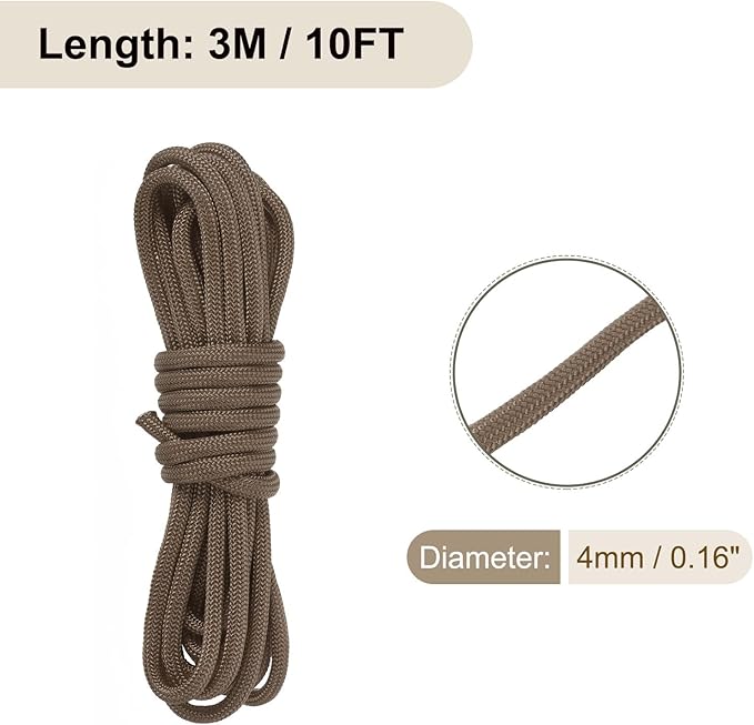 550 Paracord Rope 10ft, 4mm Thin Paracord Nylon Cord 7-Strand Core [for Tent Camping Outdoor Gear] - Brown