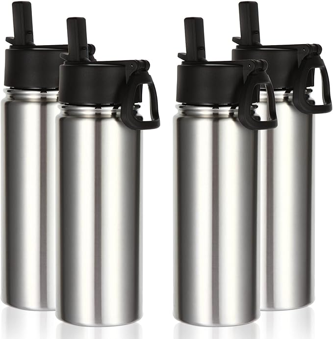 Volhoply 18oz Insulated Water Bottle Bulk 4 Pack,Kids Stainless Steel Water Bottles with Straw,Reusable Metal Water Bottle,Double Wall Vacuum Sports Water Flask For Cold Drink(Silver,4 Set)