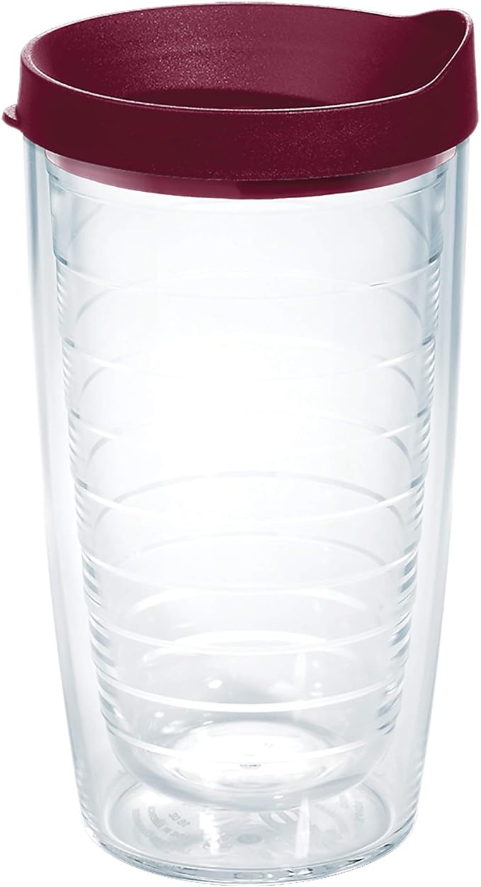 Tervis Clear & Colorful Lidded Made in USA Double Walled Insulated Tumbler Travel Cup Keeps Drinks Cold & Hot, 16oz, Maroon Lid