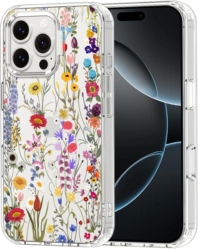 MOSNOVO Case for iPhone 16 Pro Max, [Buffertech 6.6ft Military-Grade Drop Protection] [Anti Peel Off Tech] Clear TPU Bumper Phone Case Cover Design - Wildflower Meadow