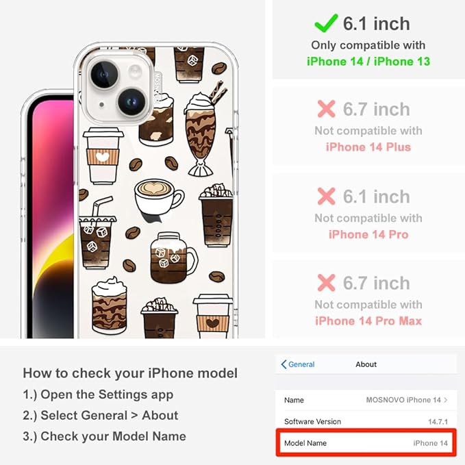 MOSNOVO for iPhone 13/14 Case | Military Grade 6.6ft Drop Tested | Clear with Coffee Design