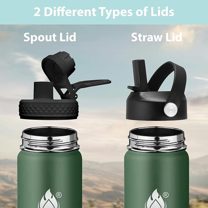 Insulated Water Bottle 40 oz with Straw, Stainless Steel Wide Mouth Water Bottle, Double Wall Vacuum Leak Proof with Straw Lid & Spout Lid for Sports or Office, Keep Cold or Hot Up to 24 Hrs