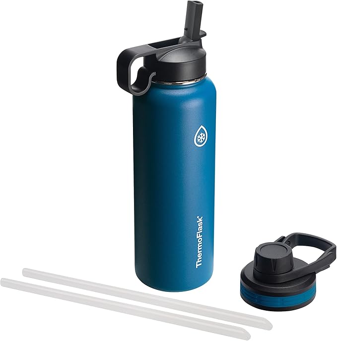 ThermoFlask 40 oz Double Wall Vacuum Insulated Stainless Steel Water Bottle - Reusable with Leakproof Chug & Straw Lids - Keeps Drinks Cold 24 hr/Hot 12 hr - Easy Maintenance - Gym/On-the-Go, Cobalt