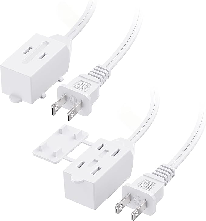 [ETL Listed] Cable Matters 2-Pack 16 AWG 2 Prong Short Extension Cord 3 ft, 13A 3-Outlet Extension Cords with Tamper Guard, 13 Amp, 1625 Watts, White