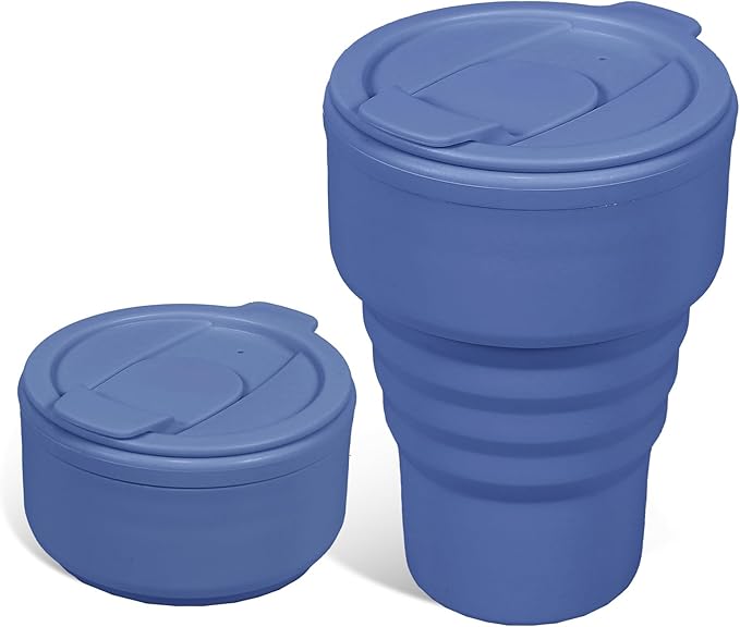 Collapsible Silicone Camping Cups 13oz - Leakproof Travel Mug with Lid, Portable Foldable Bottle for Camping Hiking Office (BPA Free, Dishwasher Safe) - Blue