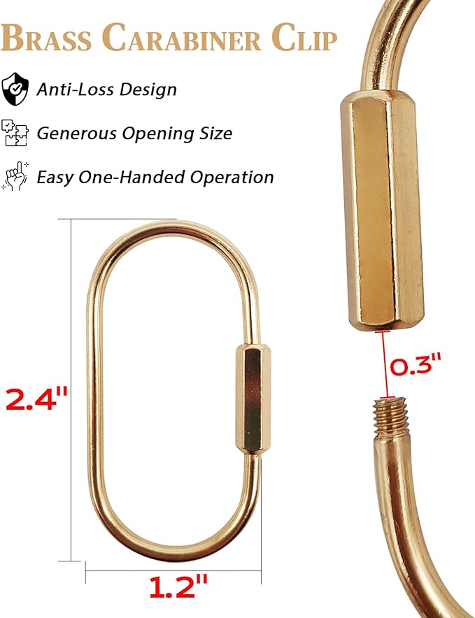 Brass Gold Carabiner Clip for Keys - Loose Leaf Binder Rings, Screw Lock Keychain and Carabiner Clip with Lock for Backpacks, Luggage Tags, Pet Collar Clips and Outdoor Accessories, 6 Packs