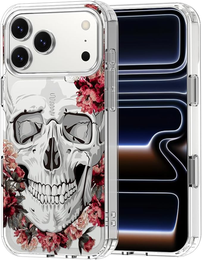 MOSNOVO for iPhone 17 Pro Max Case | Military Grade 6.6ft Drop Tested | Camera Control | Clear with Red Flower Skull Design
