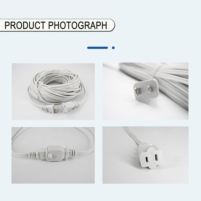 100 FT White Extension Cord,2 Prong Extension Cord 18AWG SPT-2 Flat Cord, Light Duty,Lightweight Design for Yard, Garden and Pool, ETL Listed,White
