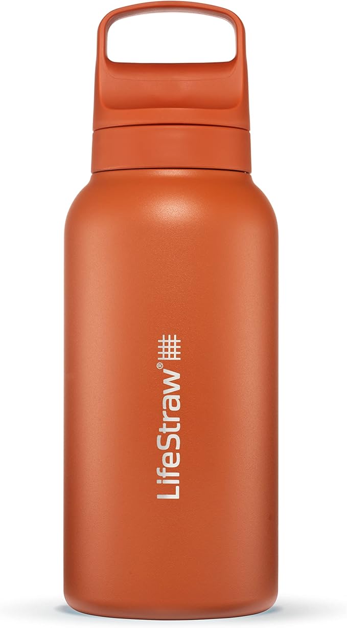 LifeStraw Go Series — Insulated Stainless Steel Water Filter Bottle for Travel and Everyday Use Removes Bacteria, Parasites and Microplastics, Improves Taste, 1L Kyoto Orange