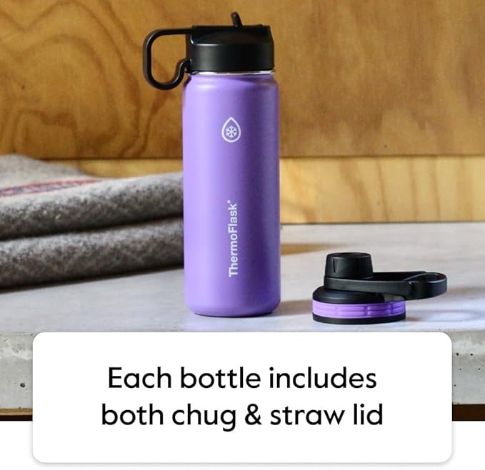 ThermoFlask 40 oz Double Wall Vacuum Insulated Stainless Steel Water Bottle - Reusable with Leakproof Chug & Straw Lids - Keeps Drinks Cold 24 hr/Hot 12 hr - Easy Maintenance - Gym/On-the-Go, Plum