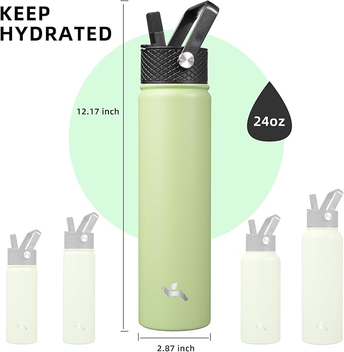 Konokyo Insulated Water Bottle 24oz Stainless Steel Sport Bottles with 3 Lids,Macaron Green