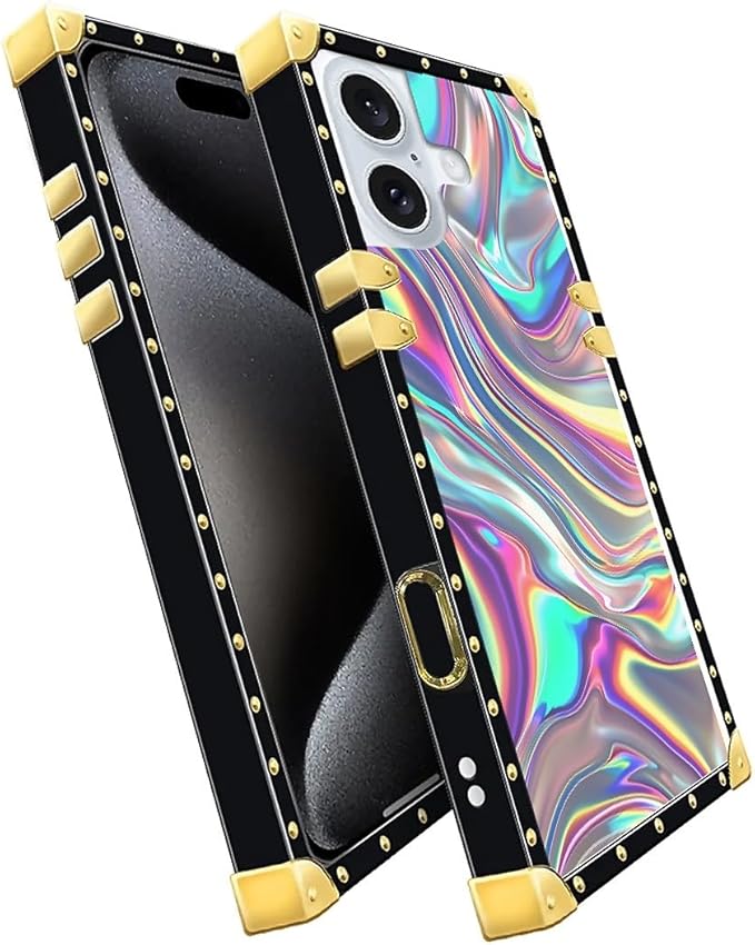 Compatible with iPhone 16 Case, Holographic Abstract Iridescent Textures Luxury Golden Decoration for Girl Women Soft TPU Shockproof Protective Hard PC Back