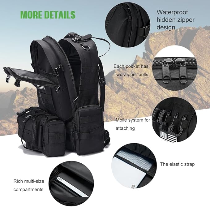 Large Military Tactical Backpack for Men, 40-50L Backpacks for Women, Bug out Bag Army 3 Days Assault Pack Bags Rucksack with Molle System Black