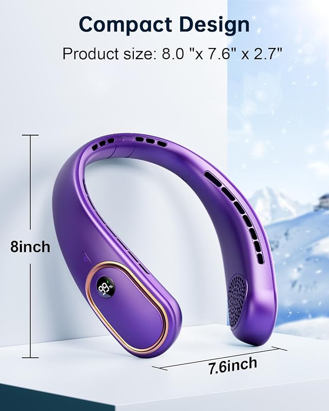 SHEWIND Portable Neck Fan - 5000mAh Rechargeable Hands-Free Wearable Fan | 4 Speeds, Bladeless & LED Display | Personal Cooling Fan for Travel, Outdoors, Camping - Purple