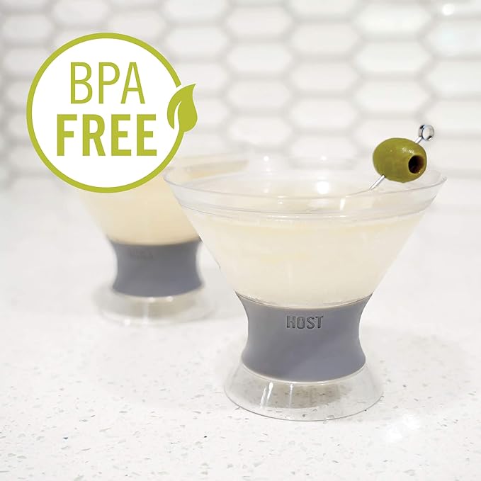 Host Freeze Insulated Martini Glasses Set of 4, Plastic Freezer Gel Chiller Double Wall Stemless Coupe and Cocktail Glass, 9 oz, Grey